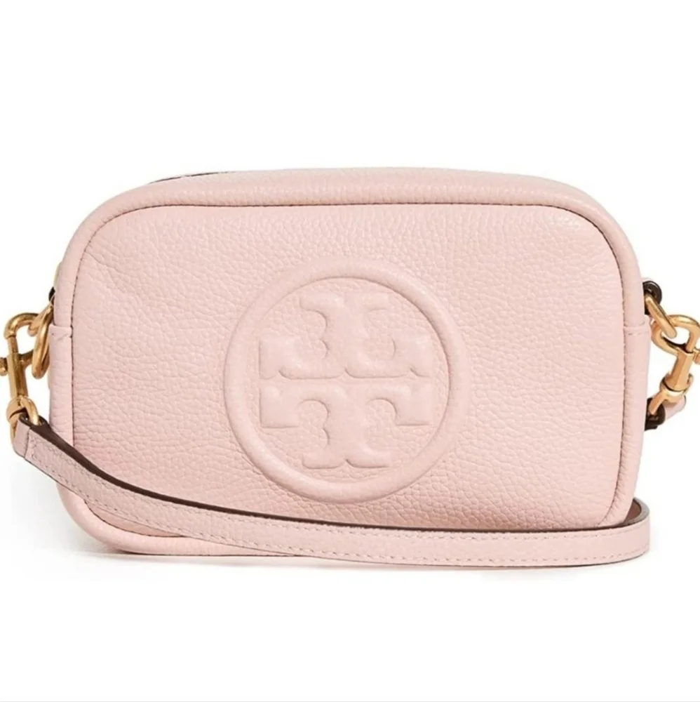 NWT Tory Burch Perry Bombe Mini Leather Crossbody Bag SHELL Pink Enbossed Logo